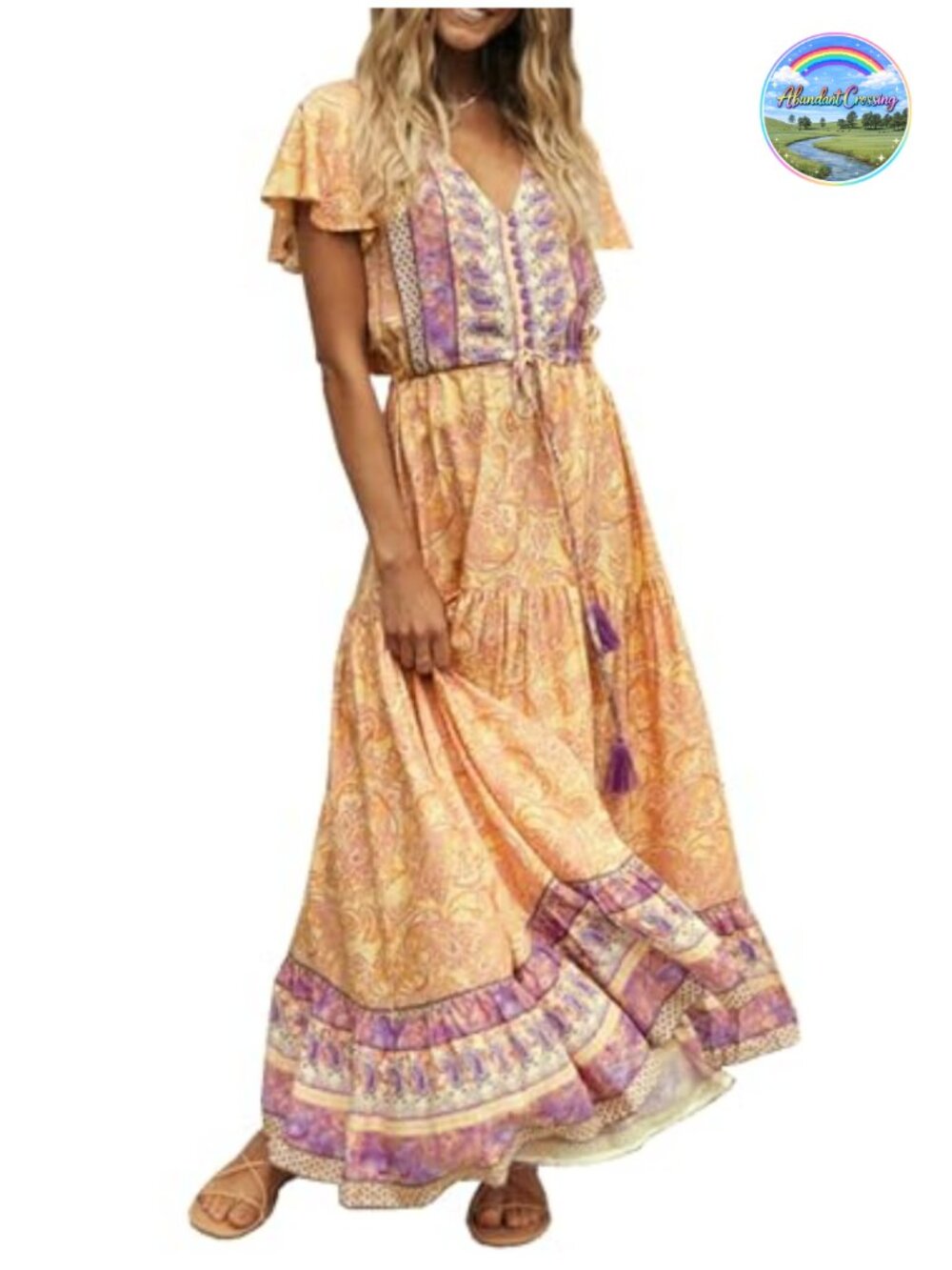Summer Boho Floral Print V Neck Flowy Midi Dress Cotton Blend Ruffle Hem